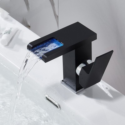 水龙头台上洗手盆面盆冷热浴室柜卫生间黑色LED发光瀑布式水龙头