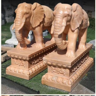 石雕大象一对汉白玉石象晚霞红动物家用镇宅酒店别墅公司门口大象